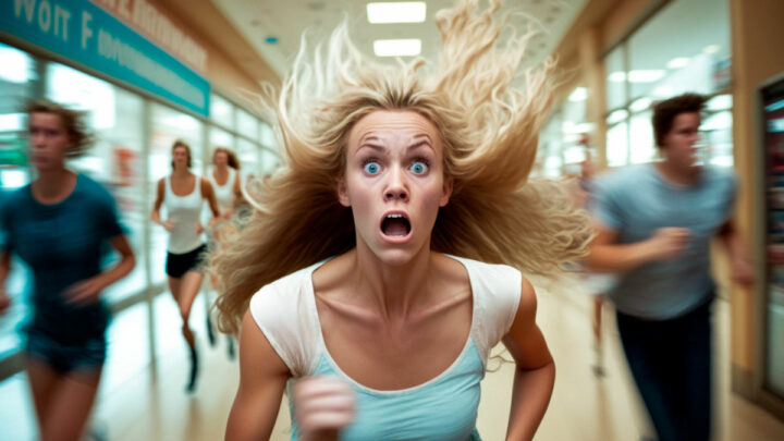 Девушка бежит по магазинам