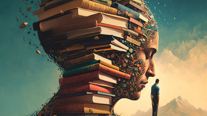 Голова человека состоит из книг, рядом стоит молодой человек