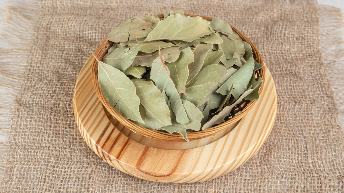 Лавровые листы в деревянной глубокой тарелке