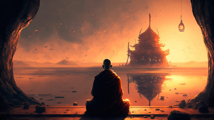 Мужчина сидит на краю озера и медитирует, на фоне храм