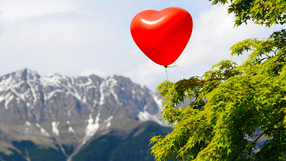 Воздушный шарик в виде сердца зацепился за дерево, на фоне горы