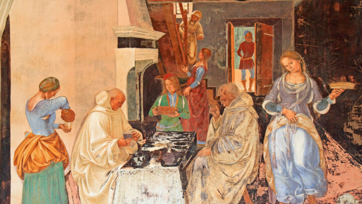 Серия фресок, изображающих жизнь святого Бенедикта, фреска Синьорелли, сцена 26, Бенедикт упрекает монаха, нарушившего пост, монастырь