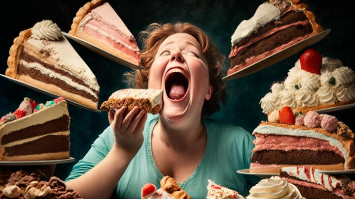 Женщина ест много пирожных