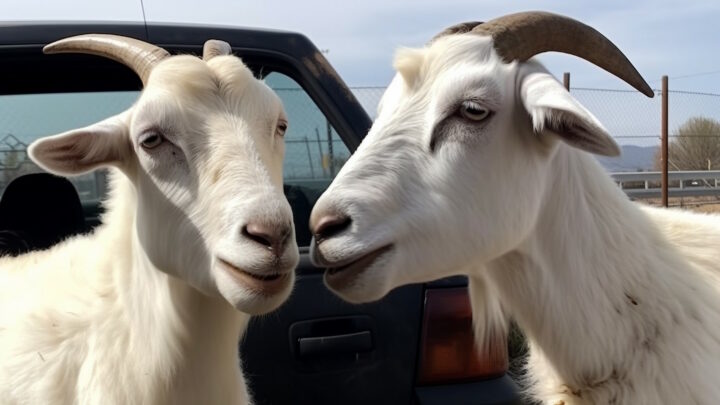 Две козы на фоне автомобиля