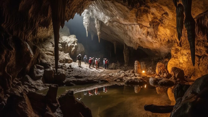 Туристы в карстовой пещере