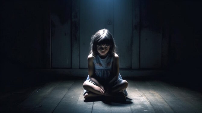 Девочка сидит на полу в темной комнате