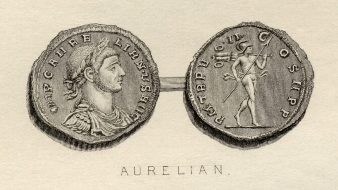 Изображение императора Аврелия на монете 3 века от рождества Христова