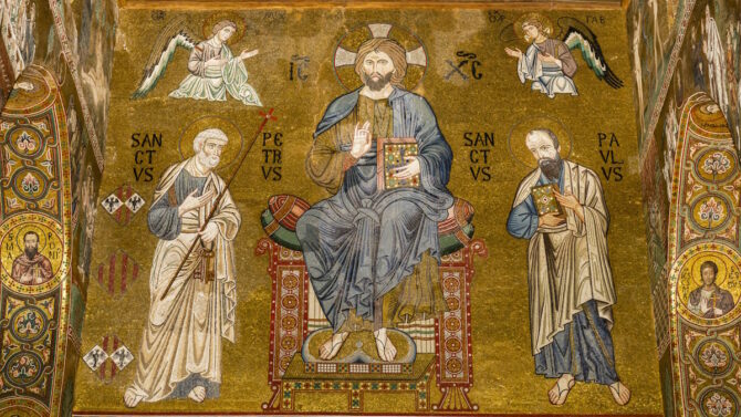 Византийская мозаика «Христос в окружении святых Петра и Павла»