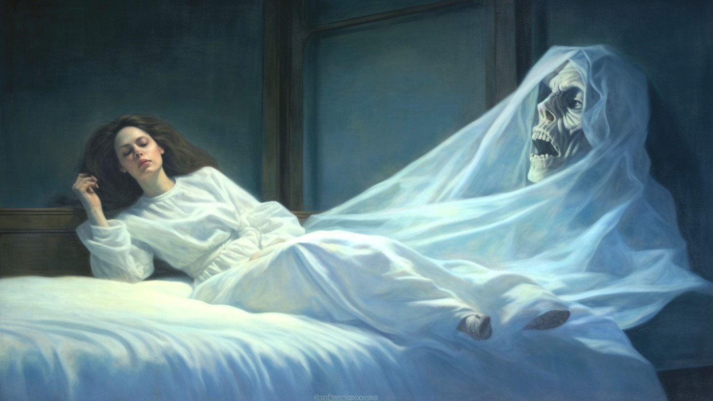 Женщина лежит на кровати рядом с которой призрак