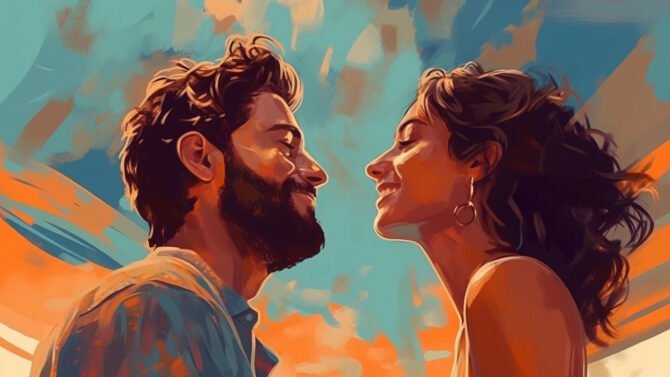 Мужчина и девушка смотрят друг на друга с улыбкой
