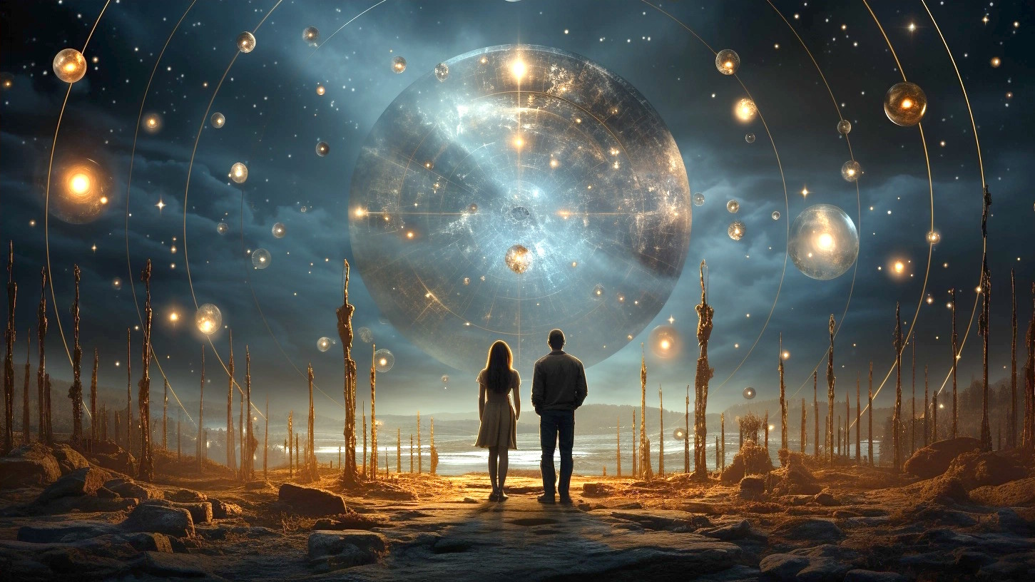 Мужчина и женщина смотрят вдаль на звездное небо