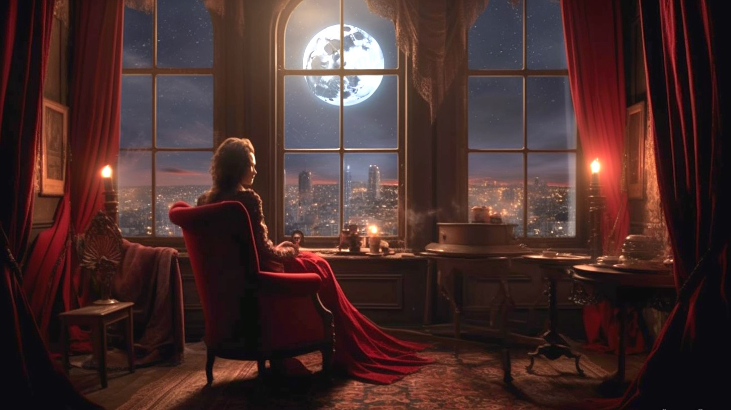 Женщина в кресле у окна смотрит на луну