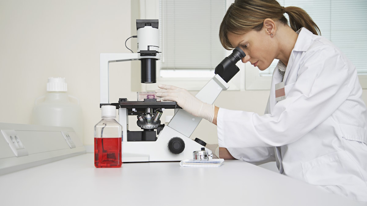 Девушка смотрит в микроскоп