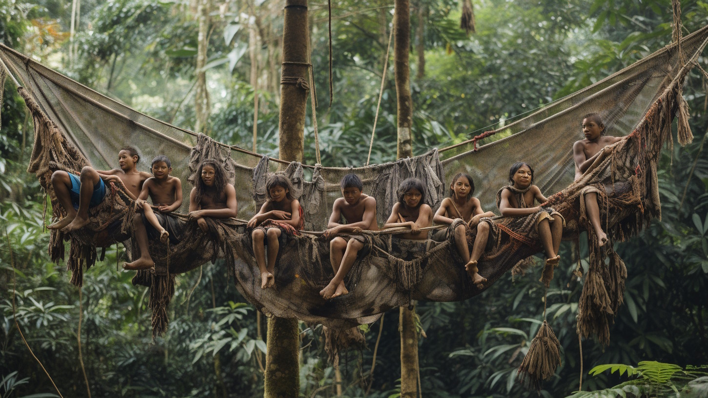 Индейцы в гамаке на дереве
