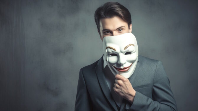 Мужчина держит перед своим лицом улыбающуюся театральную маску