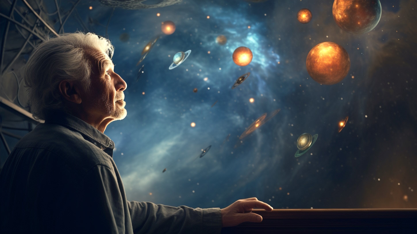 Пожилой мужчина смотрит на звезды и планеты